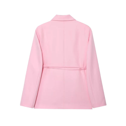 Women Notched Lapel Blazer with Floral Rose Belt Waist Tie Slim Long Sleeve Suit Jacket