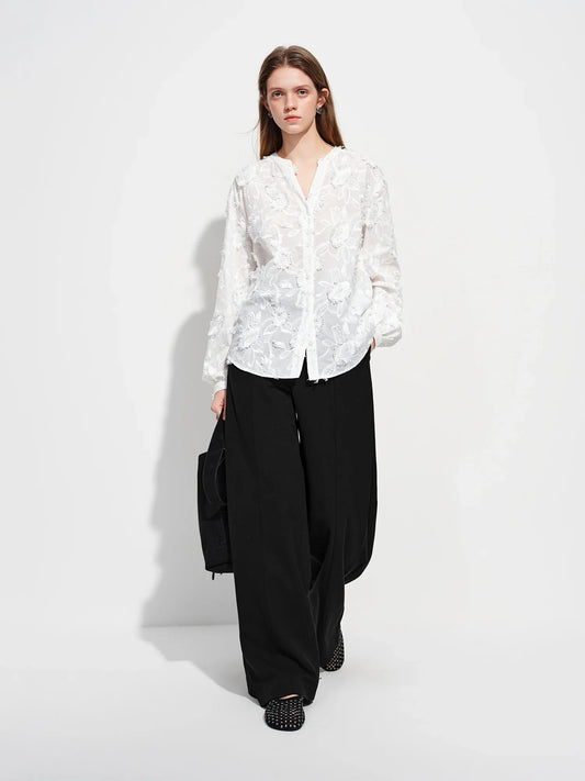 2026 New Spring Summer Women's 3D Jacquard Round V-Neck Blouse Long Sleeve Office Shirt for Quiet Minimalist Commute Top