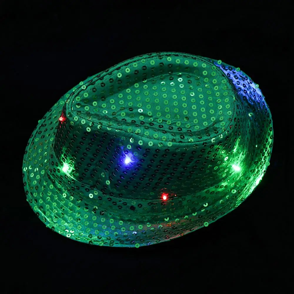 Unisex Light Up Flashing Led Fedora Trilby Jazz Hat Panama Cap Sequin