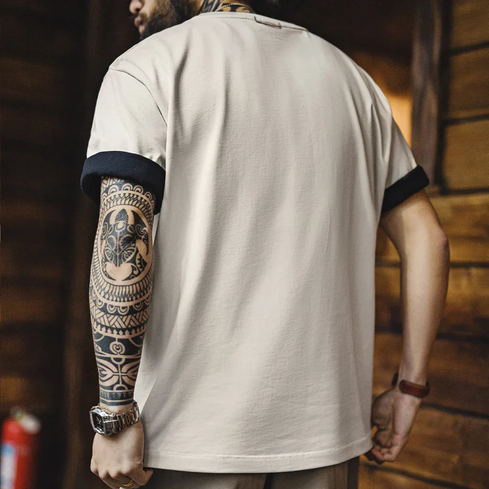 Casual Printed Short Sleeve T-Shirt Men's Summer Loose Fit Heavyweight Cotton Ribbed Round Neck Tee  Versatile Street Tops