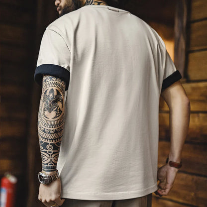 Casual Printed Short Sleeve T-Shirt Men's Summer Loose Fit Heavyweight Cotton Ribbed Round Neck Tee  Versatile Street Tops