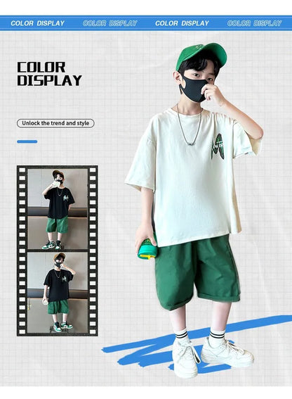 Summer Boys Cotton Leisure Loose Contrast Alphabet T-Shirt Top+Shorts Pant Set School Kids 2PCS Tracksuit Children Outfit 5-16Yr