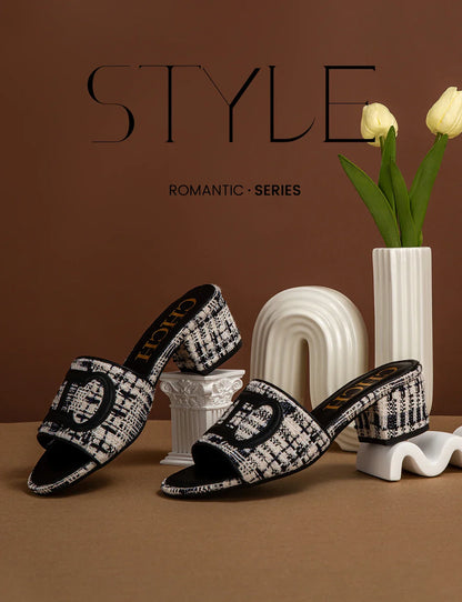 Middle heel square heel slippers fabric fashion casual shoes luxury brand slippers girls street commuter slippers