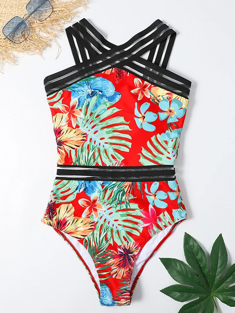 Solid Mesh Tape Swimsuit 2026 One Piece Sexy High Neck Swimwear Women Cross Front Bathing Suit Female Padded Beachwear Bodysuit