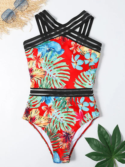 Solid Mesh Tape Swimsuit 2026 One Piece Sexy High Neck Swimwear Women Cross Front Bathing Suit Female Padded Beachwear Bodysuit