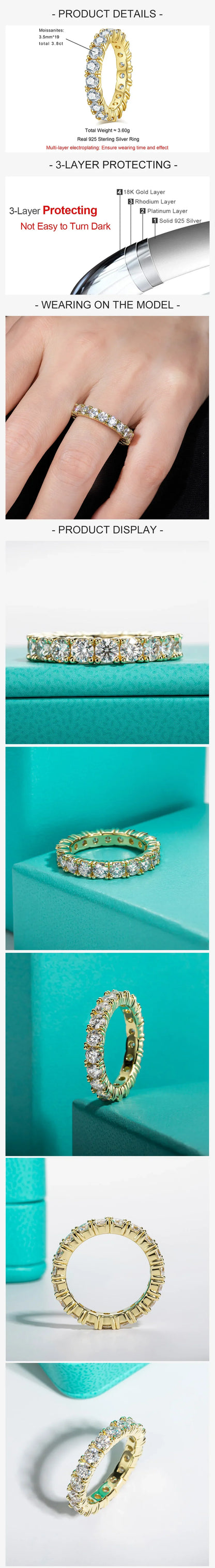 3.5mm D Color Moissanite Eternity Band Ring 925 Sterling Silver 14k Yellow Gold Plated Wedding Rings for Women Jewelry