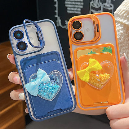 Luxury Metal Stand Exquisite Heart Card Bag Shock Proof Case for iPhone 17 16 15 14 13 12ProMax Plus Send camera protective film