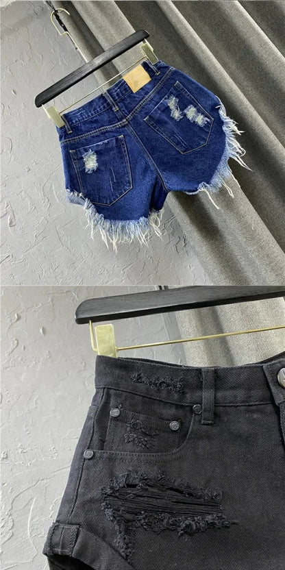 Sexy Low-waisted Denim Shorts 2026 New Summer Hole A Wide-leg Pants Ripped Jeans for Women