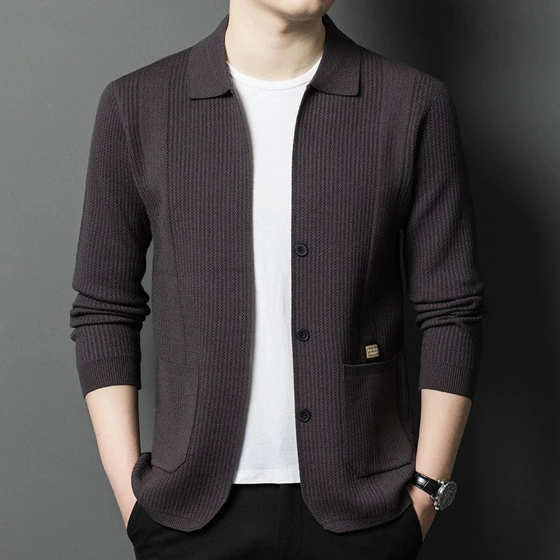 High-Quality Men's Knitted Cardigans Solid Color Simple Business Lapel Knitwear Coat Man Autumn New Long Sleeves Sweater Jacket