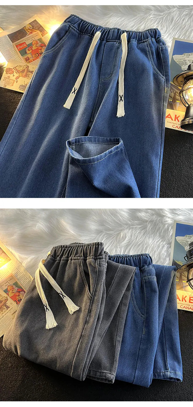 Casual Loose Straight Leg Men's Jeans Drawstring Elastic Waist Wide Leg Long Trousers High Street Fashion Denim Pants