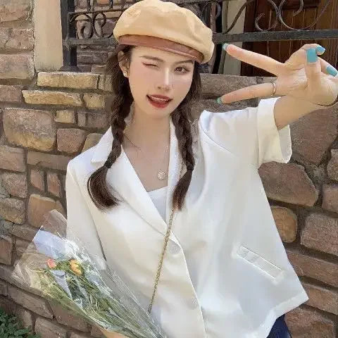 Short-sleeve Blazers Women Temperament Outwear Summer Baggy Office Lady Chic Simple All-match Streetwear Fashion Notched Classic