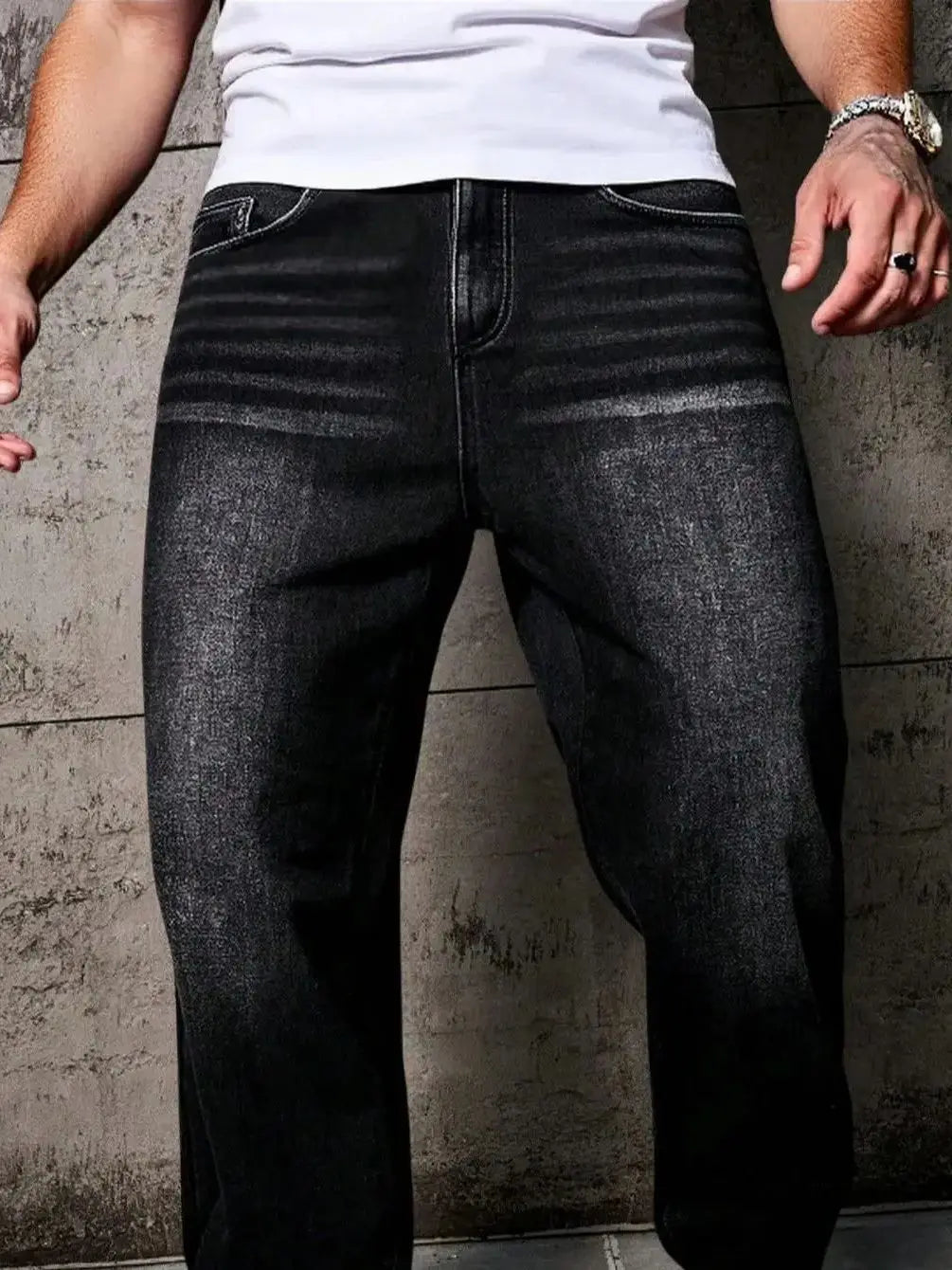 1pc Vintage Style Men's Black Washed Distressed Loose Wide Leg Relaxed Straight Jeans, Perfect Gift for Husband, Boyfriend