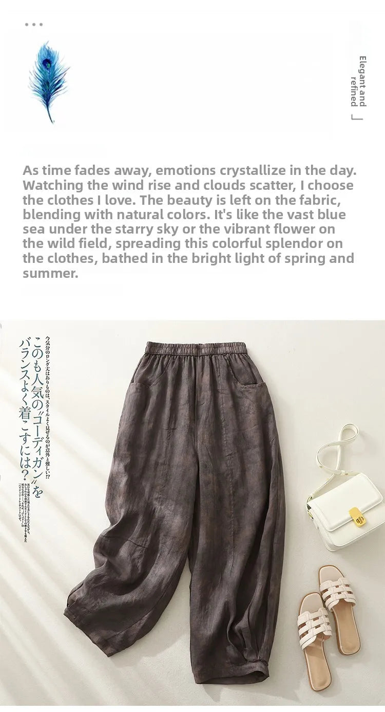 Retro Waterprint Linen Casual Nine-Piece Pants plus Size Women's Loose Elastic Waist Versatile Wide Leg Harlan Pants