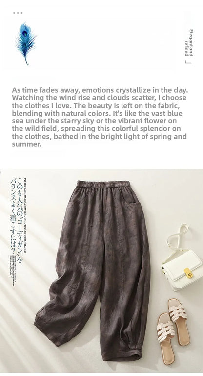 Retro Waterprint Linen Casual Nine-Piece Pants plus Size Women's Loose Elastic Waist Versatile Wide Leg Harlan Pants