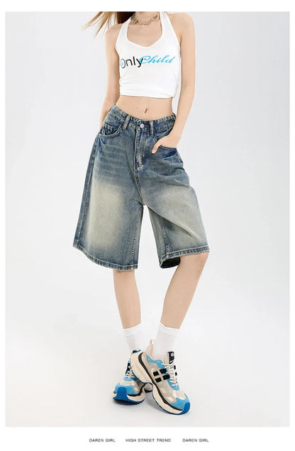 2026 Korean Street Casual Y2K Loose Wide-leg Denim Shorts Five-point Baggy Jeans Women's All-match Straight Summer Hot Shorts