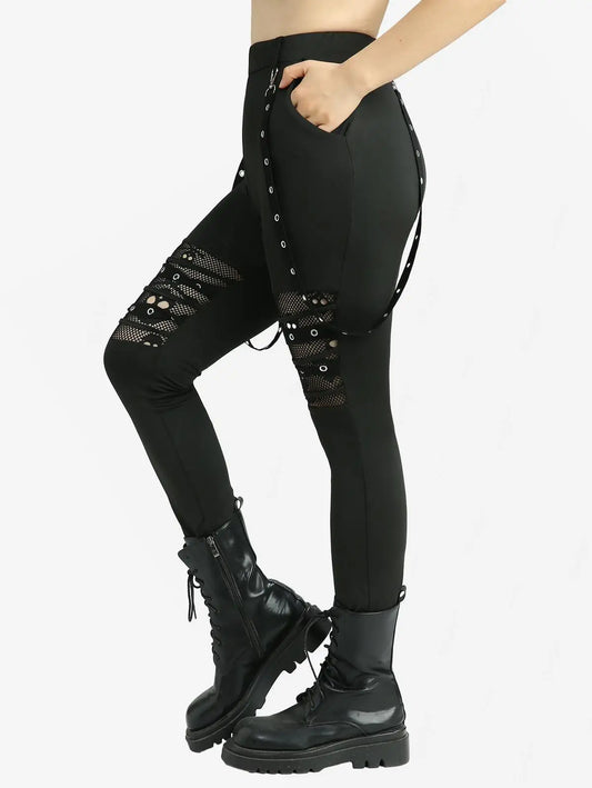 Plus Size Leggings Women Casual Black Trousers Skull Hollow Out Fish Net Patchwork Grommets Straps Pencil Pants Mujer