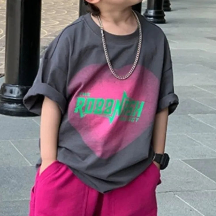 Cotton Heart Print Boys Short Sleeve T-Shirt Summer Toddler Loose Fit Baby Handsome 3-6 Years Top