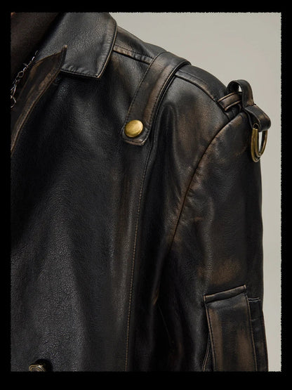 Spring Autumn Long  Distressed Black Pu Leather Trench Coat Men Belt Double Breasted Luxury European Fashion 2023