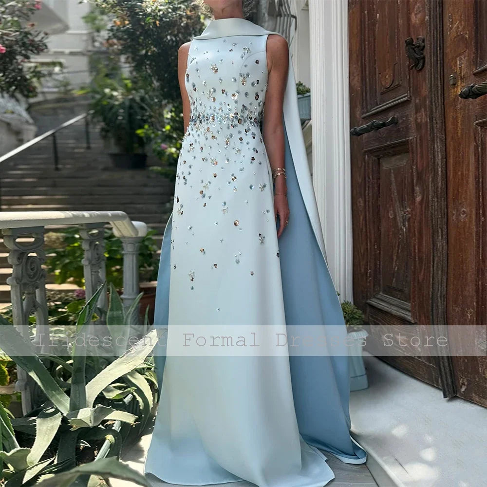 Luxury Evening Dress with Detachable Shawl Crystal Sequined Women's Evening Gowns Long A Line Sleeveless Formal Party Dresses