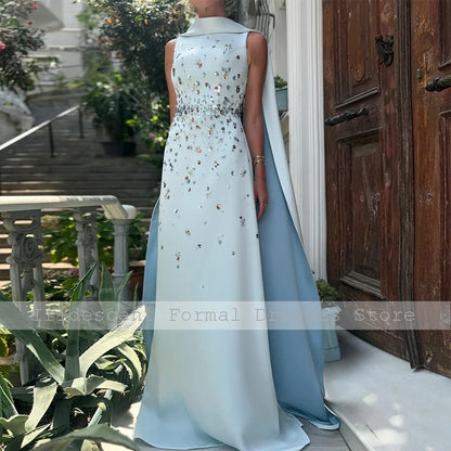 Luxury Evening Dress with Detachable Shawl Crystal Sequined Women's Evening Gowns Long A Line Sleeveless Formal Party Dresses