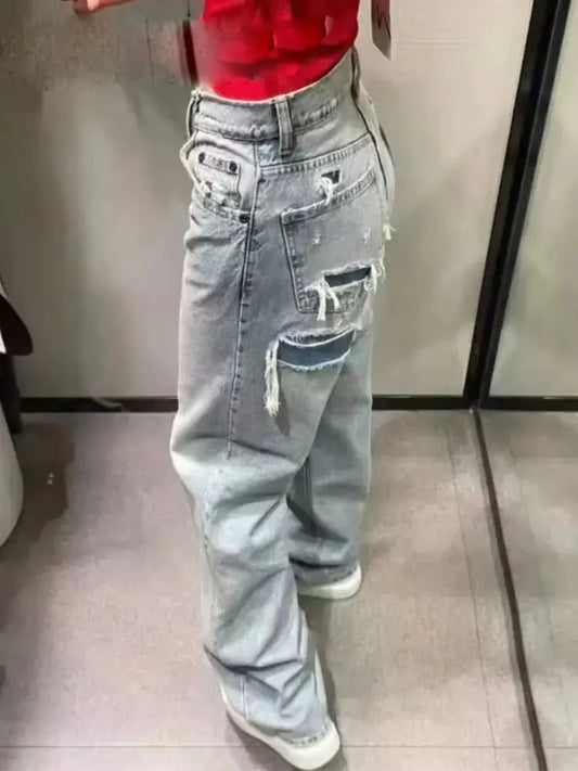 Jeans For Women 2024 Denim Solid Loose Zipper Fly Female Hole Trouser Pockets Wild Basic Commute Woman Wide Leg Long Pant