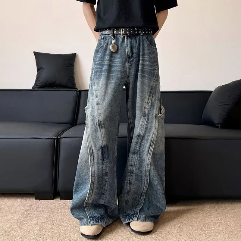 Korean Retro Jeans Men'S Curved Knife Pants Design Sense Vintage Casual Straight Leg Pants Loose Large Pocket Wide Leg Pants