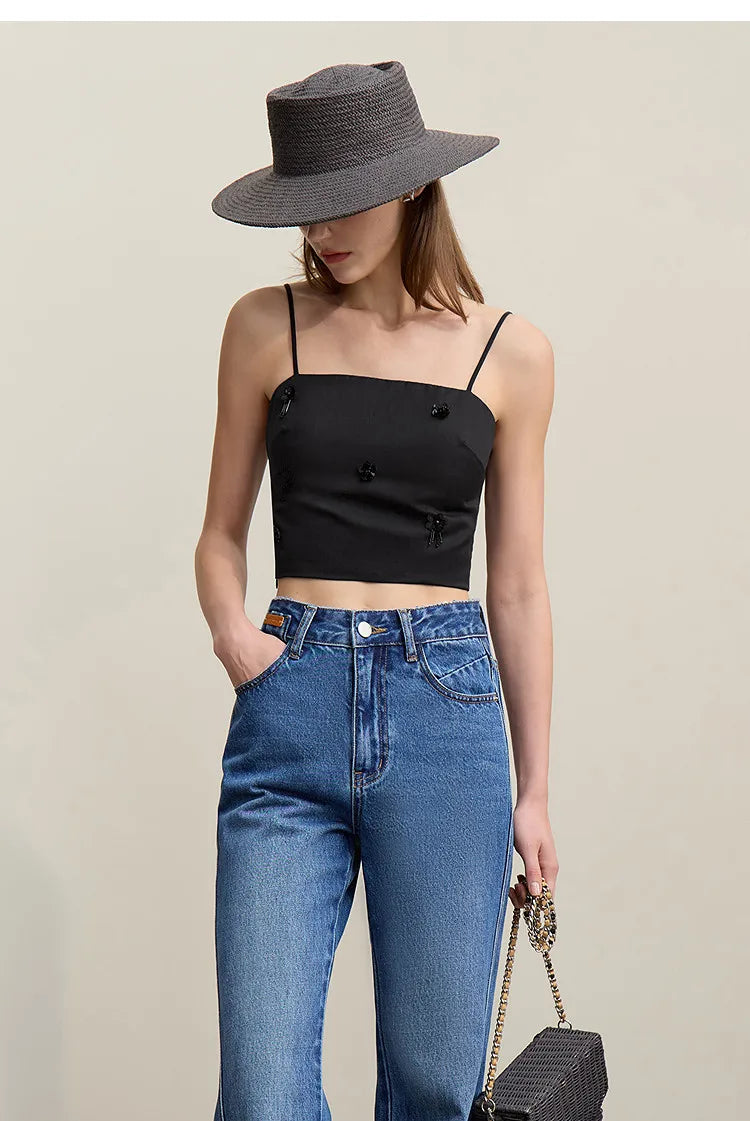 Women's Camisole 2026 Autumn New Casual Bead Women's Sleeveless Vest Square Neck Inner Wear Straps Short Slim Top 12621025