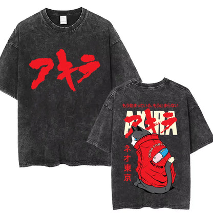 Washed Vintage Anime Akira T Shirts Japanese Science Fiction Cartoon Movie Shotaro Kaneda T-shirt Men's Manga Oversized T-shirts