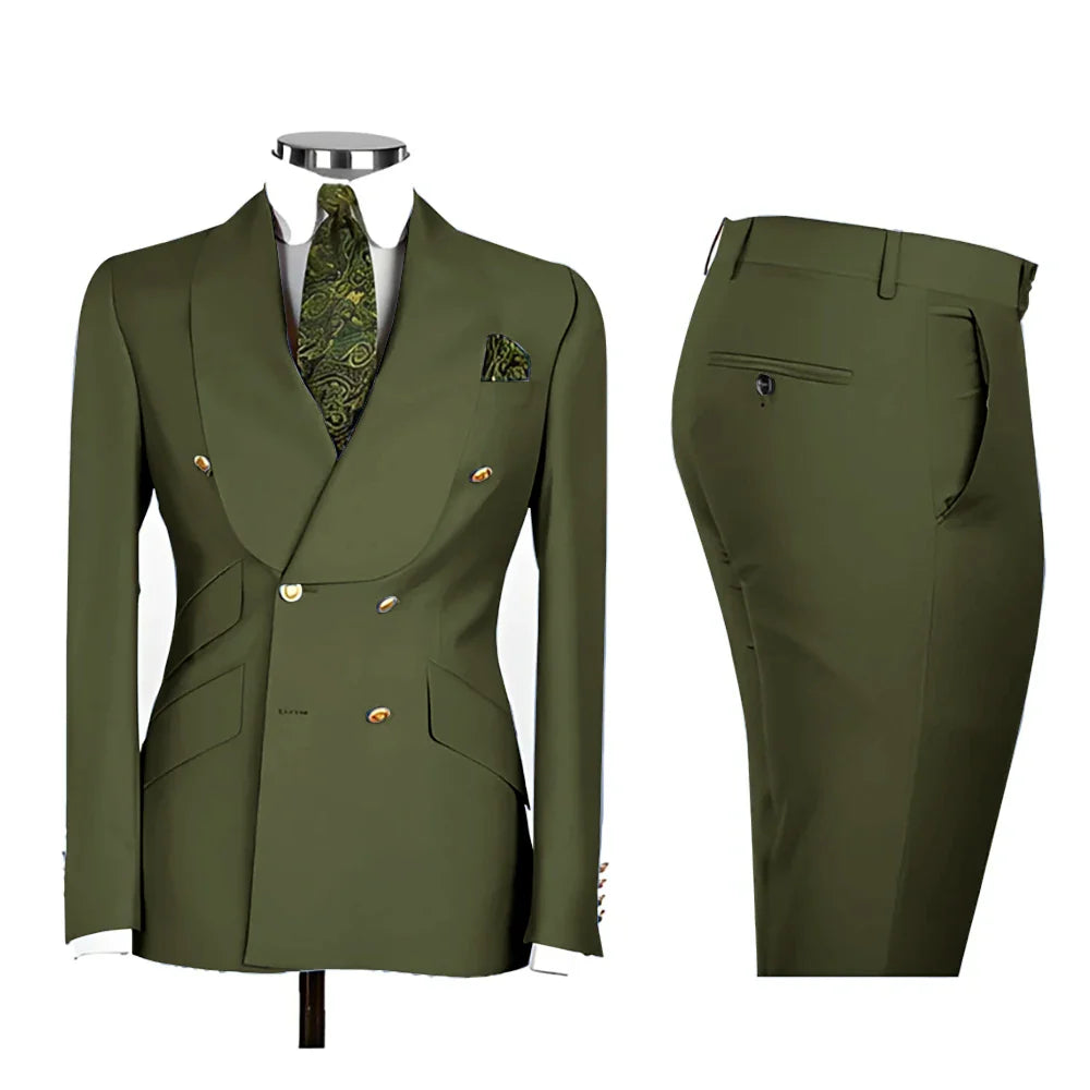 Lvory Shawl Lapel 2 Piece Suit Double Breasted Men's Jacket Pants with Gold Buttons Formal Wedding Groom Attire Prom Tuxedos