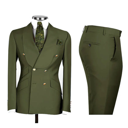 Lvory Shawl Lapel 2 Piece Suit Double Breasted Men's Jacket Pants with Gold Buttons Formal Wedding Groom Attire Prom Tuxedos