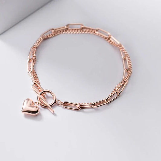 Bracelet manchette pour femme, en argent sterling 925, chaîne à maillons cœurs, deux couches, classique, bijoux fins et tendance