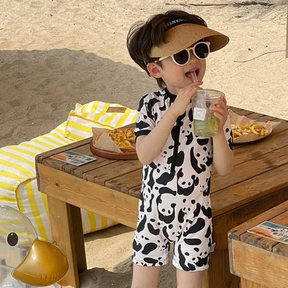 Summer Kids Swimwear Boys Beach Wear Plaid One-piece & Split Long Sleeve Boys Swimwear with Cap Sunscreen Baby Clothes