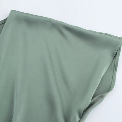 Women Elegant Solid Satin Dress Sexy V Neck Short Sleeve Midi Dress 2025 New Fashion Summer Lady Holidays Party Dress