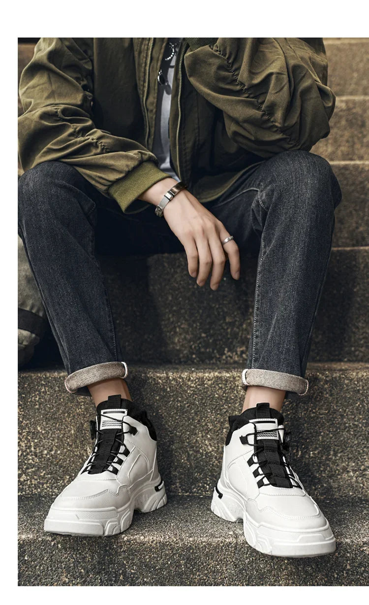 Autumn Men's Sneakers New Breathable Workwear Shoes Trendy Thick Soled Shoes Anti Slip White Casual Skateboard Shoes Ankle Boots