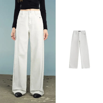 Women Denim Jeans 2025 Autumn New Lycra Stretch Washed Wide Leg Straight Long Pants