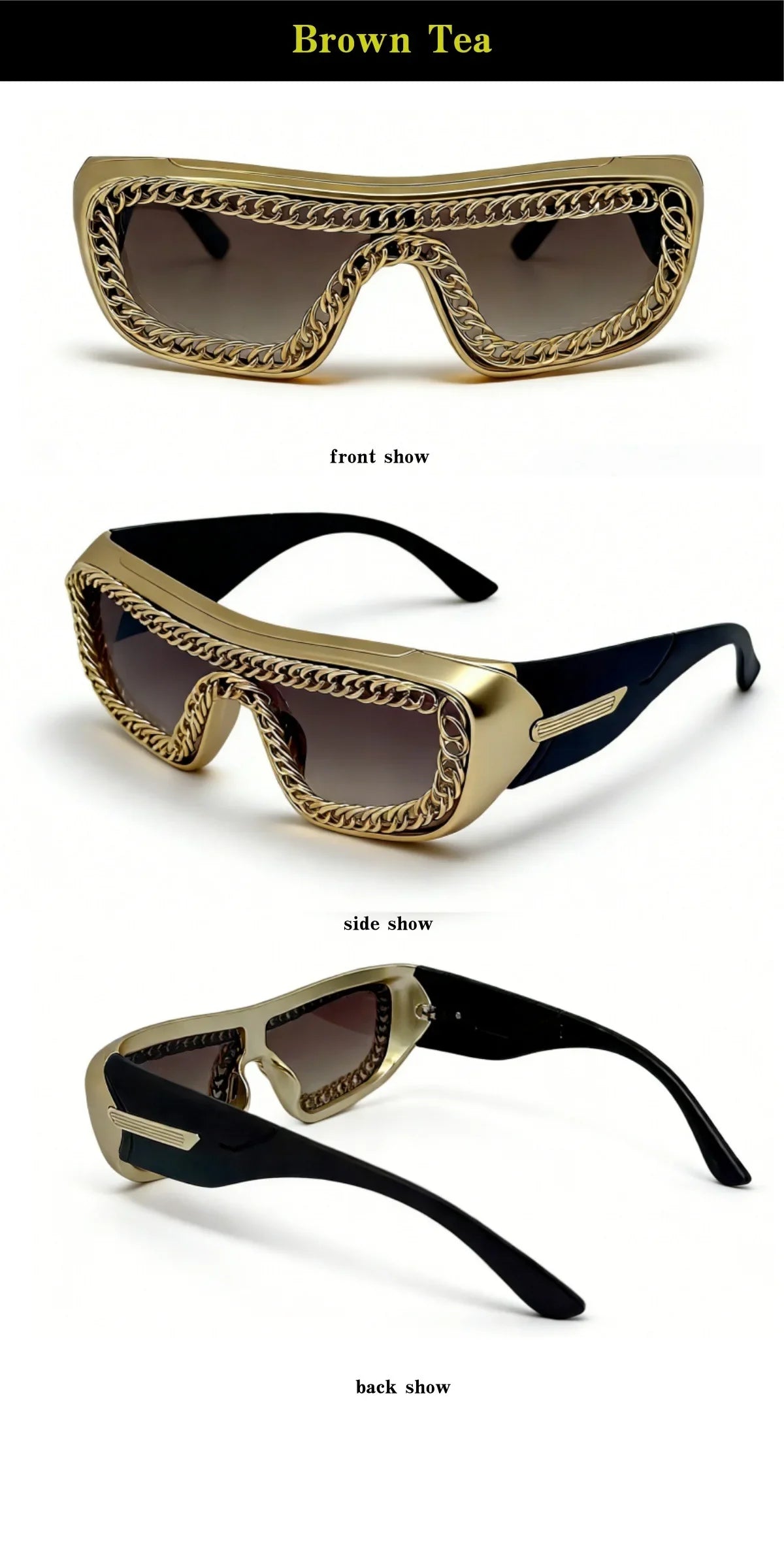Luxury Gold Chain Small Rectangle Sunglasses Man Thick Frame Punk Rock Hip Hop Party Cool Shades UV400 gafas sol hombre