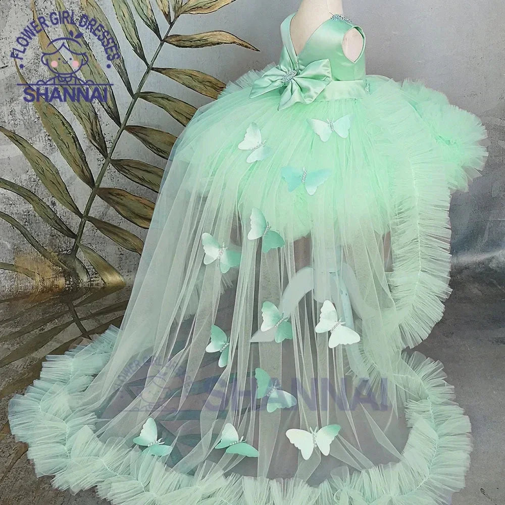 Customized Flower Girl Dresses Puffy Girl Dress Pink Baby Dress With Train Bow Cute Kid's Child Birthday Dresses Frist Communion