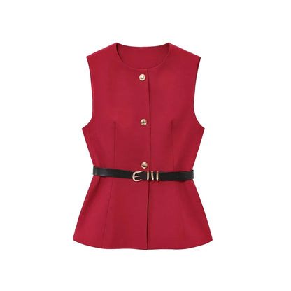 Women's Long Waistcoat with Belt, Front Gold Button, O Neck Sleeveless Vest, Female Outerwear, Chic Tops, Fashion