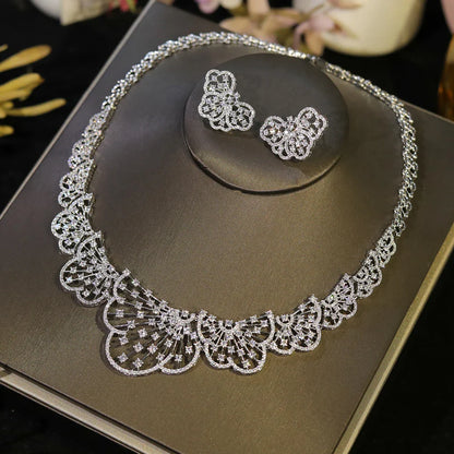 Graceful 2Pcs White CZ Zircon Necklace Set Brides High Quality Fine Jewelry Women  Wedding Engagement Accessory