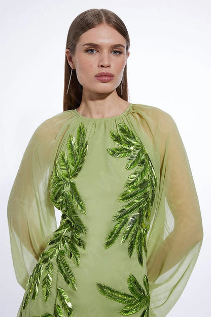 Customized Latest Sage Evening Dresses 2025 Arabic Round Neck Prom Party Gowns Puffy Long Sleeves Wedding Guest Dresses Feathers