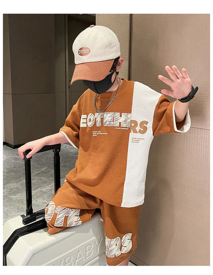 Summer Boys Contrast Patchwork Alphabet Waffle Tee Tops+Shorts Pant School Kids Tracksuit Child 2PCS Outfit Workout Set 5-16 Yr