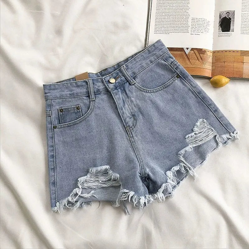 Korean Fashion Cowboy Shorts Women's Summer Casual High Waist Blue Denim Shorts Pocket Tassel Perforated Pants Y2K Female Jeans
