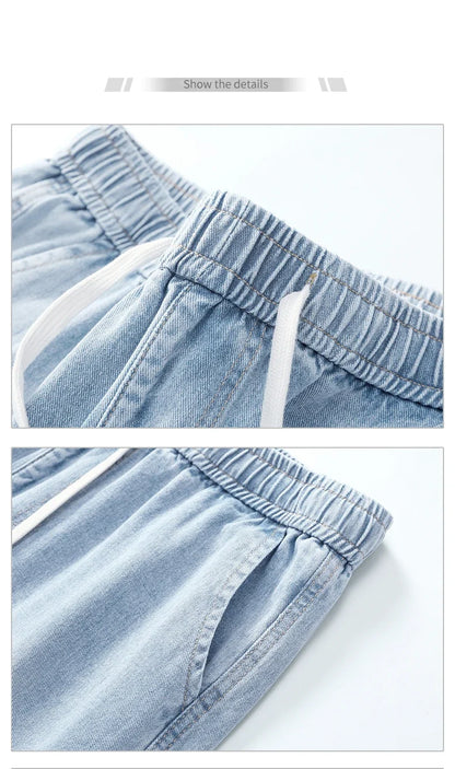 Casual Denim Shorts Men Elastic Waist Straight Comfortable Light Blue Soft Short Pants Baggy Wide Bermuda Male Jeans