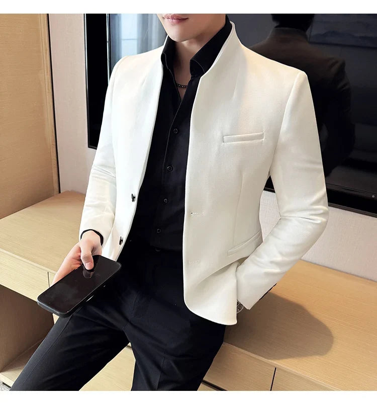 New Waffle Chinese Stand-Up Collar Blazers Men Slim Fit Business Casual Fashion Suits Jacket Formal Social Prom Party Tuxedos