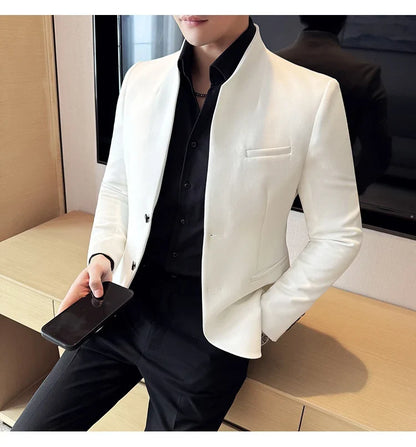 New Waffle Chinese Stand-Up Collar Blazers Men Slim Fit Business Casual Fashion Suits Jacket Formal Social Prom Party Tuxedos