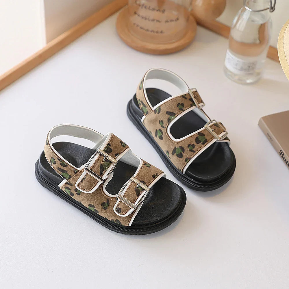 Kids Leopard Camo Double Buckle Roman Sandals, Thick Non-Slip Soft Elastic Rubber Sole Lightweight Children's Shoes,