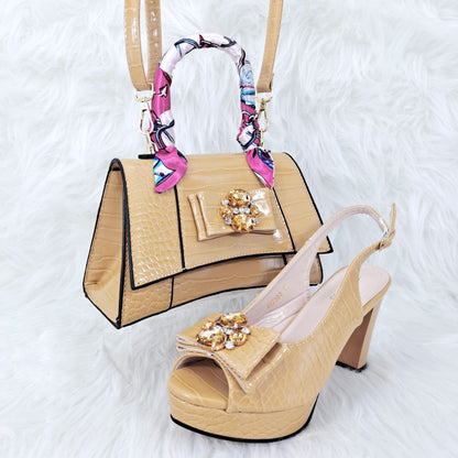 Crocodile Textured Ribbon And Colorful Crystal Embellished Clutch With Long Shoulder Strap Women's Shoes And Bag Set