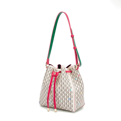 Letter Print Drawstring Opening Classic Women's Shoulder Bag Fashion Printed Bucket Bag Women's Vintage Crossbody Bag