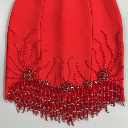 Women Sexy Sleeveless Bandage Dress Fashion Beading Tassel Clothes Club Party Bodycon Dresses