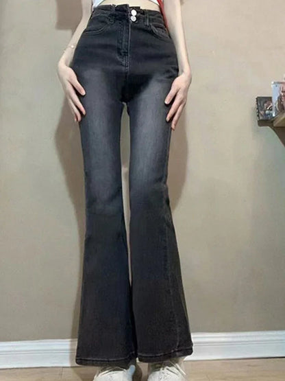 Women Korean Flare Jeans Girls High Waist Elastic Boot Cut Pants Lady Vintage Blue Black Gray Brown Denim Bell Bottom Trousers